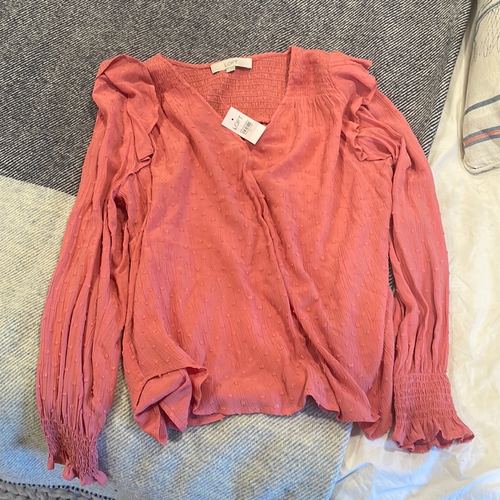 NWT- Loft- Long Sleeve Swiss Dot Coral Top- Size Medium